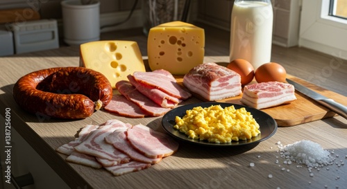 Carnivore diet. A beautifully arranged table with a variety of meats and cheeses