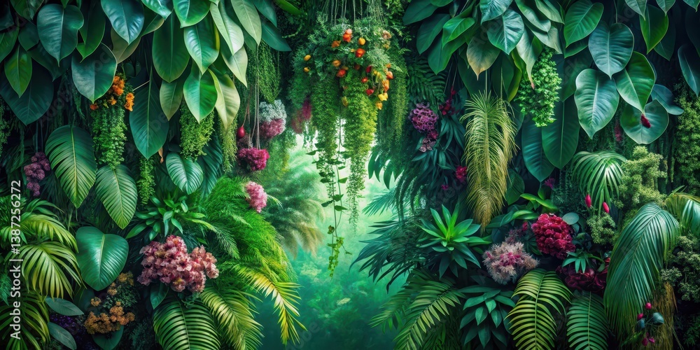 Obraz premium Lush Tropical Foliage Wall with Vibrant Hanging Flowers and Exotic Plants, Creating a Serene and Immersive Natural Scene