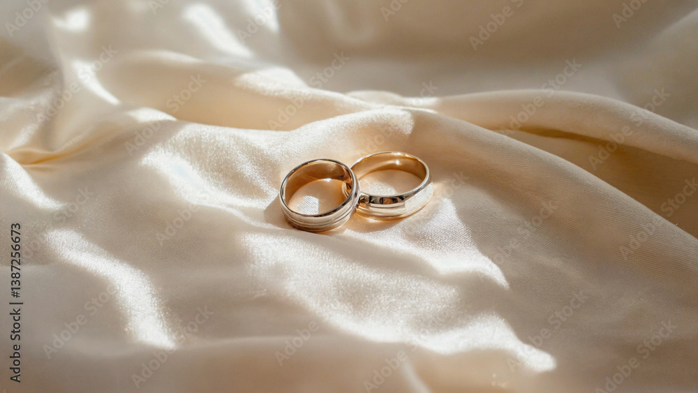 Golden Rings of Commitment: Two exquisite wedding rings, intertwined in a symbol of eternal love, rest elegantly upon the folds of satin fabric. Golden Rings of Commitment: Two exquisite wedding rings, intertwined in a symbol of eternal love, rest elegantly upon the folds of satin fabric.