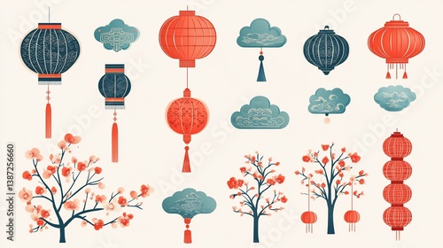 Chinese New Year Festive Lanterns and Blossom Trees Graphic Set