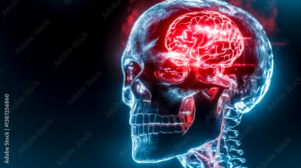 Glowing red brain highlighting neural network inside transparent skull model Glowing red brain highlighting neural network inside transparent skull model