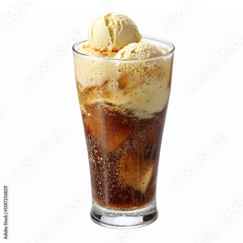 Delicious Frosty Root Beer Float with Creamy Vanilla Ice Cream in a Tall Glass
