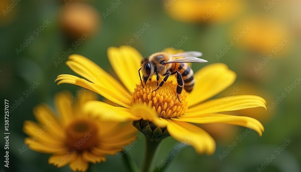 A close-up view of a bee collecting nectar from a vibrant yellow flower, showcasing nature's beauty and harmony. A close-up view of a bee collecting nectar from a vibrant yellow flower, showcasing nature's beauty and harmony.