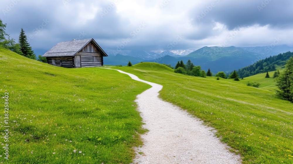 Picturesque mountain chalet nestled in a grassy valley with a winding path Picturesque mountain chalet nestled in a grassy valley with a winding path
