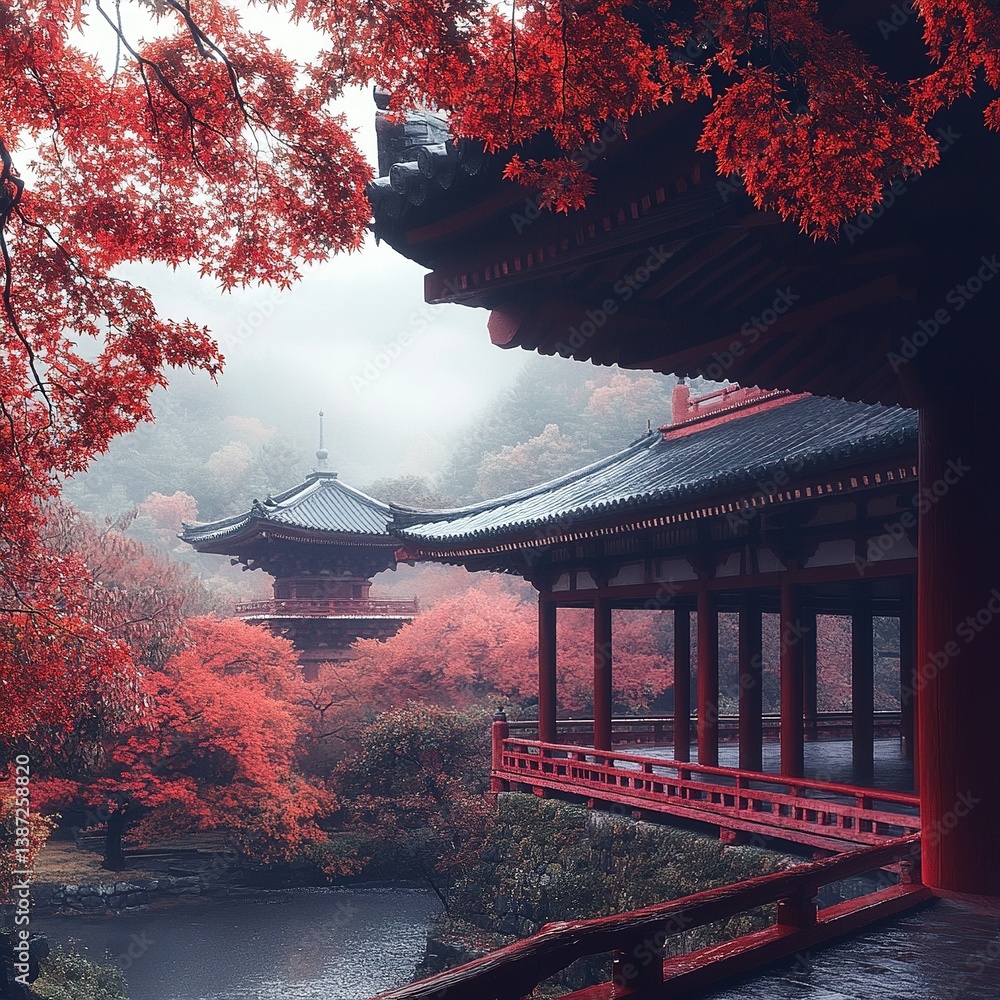 Obraz premium Misty Morning at Japanese Temple in Kyoto with Red Maple Leaves, 4K Cinematic Landscape, Serene Atmosphere, Traditional Architecture, Autumn Scenery, Zen Garden, Cultural Heritage, Spiritual Place