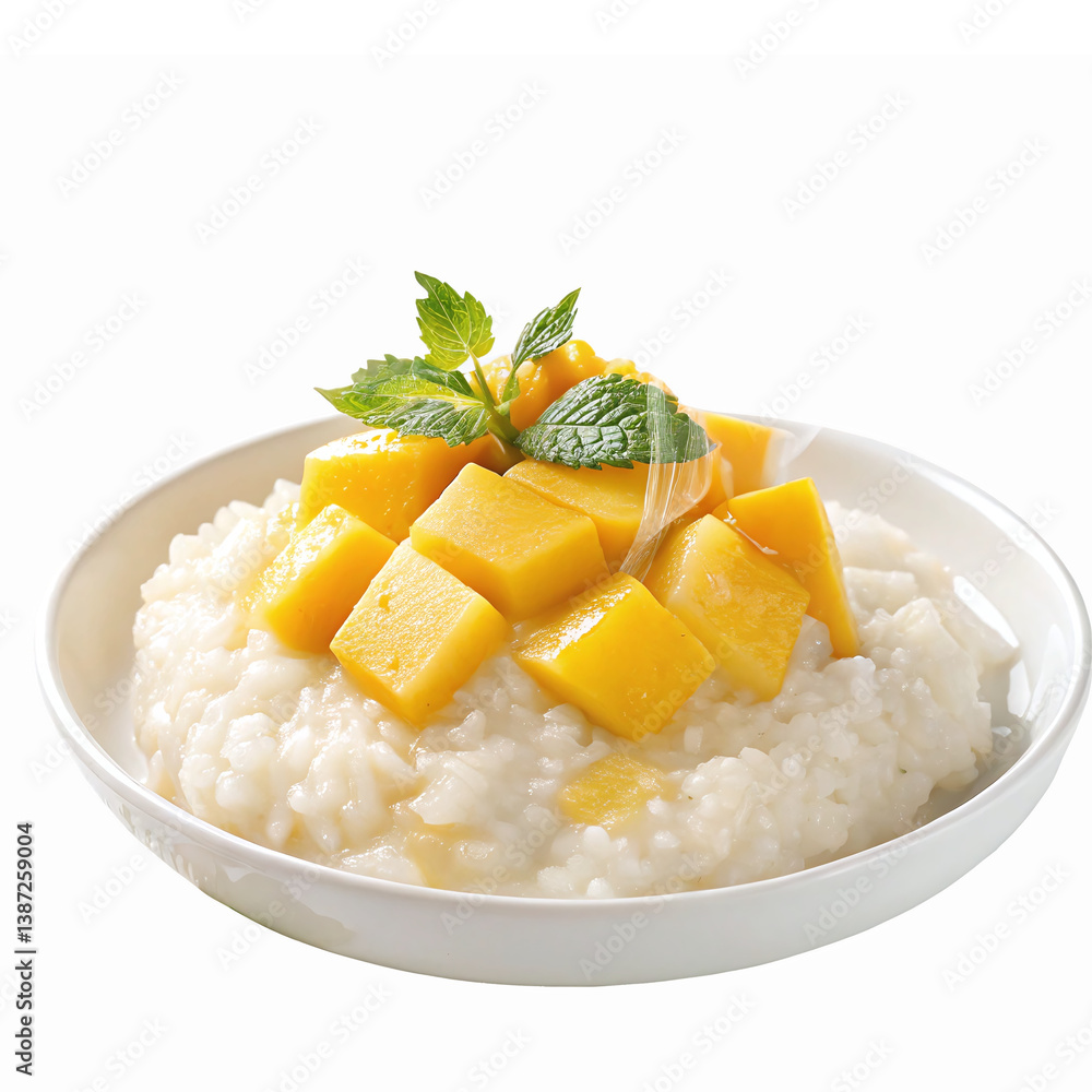 Delicious Mango Sticky Rice Dessert with Fresh Mango Chunks and Mint Leaves Delicious Mango Sticky Rice Dessert with Fresh Mango Chunks and Mint Leaves