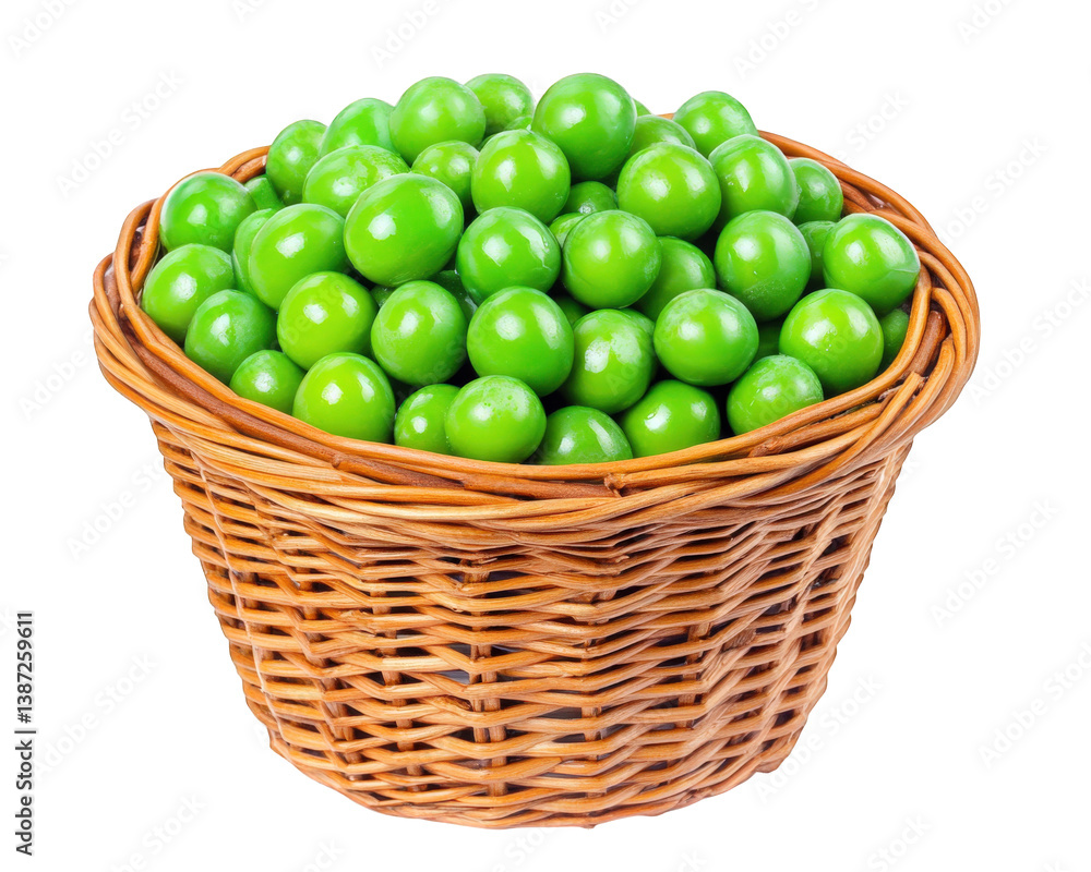 Fresh green peas in woven basket, showcasing their vibrant color and natural appeal. Perfect for culinary use or as decorative element in food photography Fresh green peas in woven basket, showcasing their vibrant color and natural appeal. Perfect for culinary use or as decorative element in food photography
