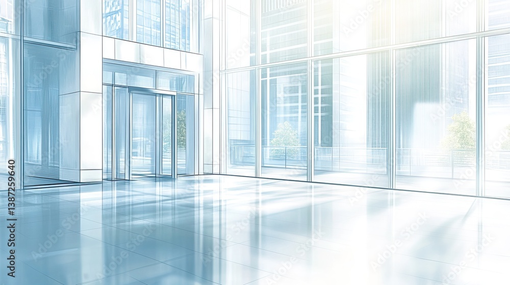 Modern office lobby, empty, city view, spacious Modern office lobby, empty, city view, spacious