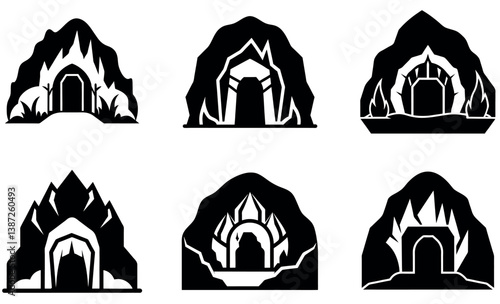 Collection of stylized cave icons in black and white.