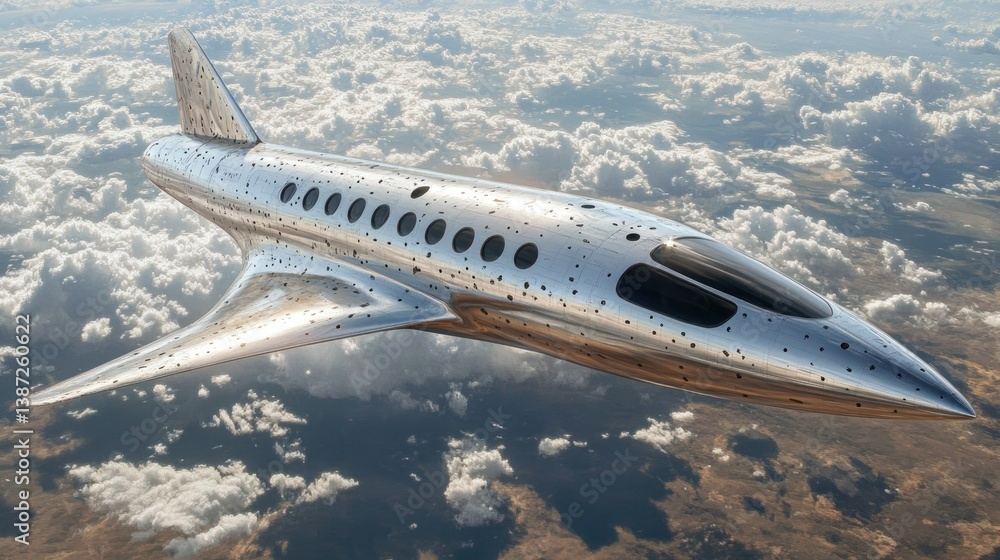 Fototapeta premium Futuristic, silver jet plane soaring above clouds
