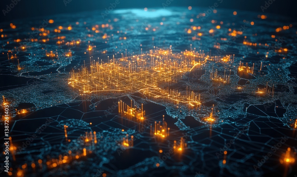 Fototapeta premium Global network, city lights, digital map, data flow, connections, technology, world map, futuristic background, illustration, stock photo