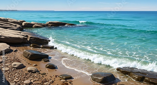 Coastal Serenity: Sun-Kissed Waves & Stone Embrace AI Generated