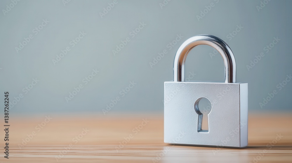 Naklejka premium Silver Padlock on Wooden Surface with Blurred Background Representing Security and Protection Concepts