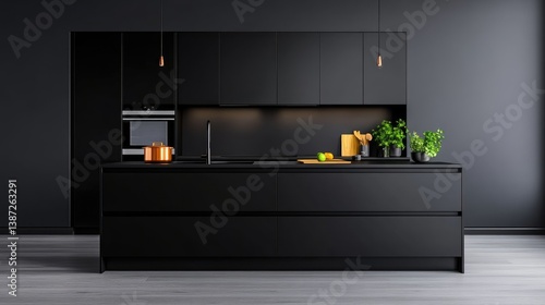 A sleek, black kitchen island dominates the image, featuring two drawers and a smooth countertop. Wall cabinets and appliances match the islands dark finish. Copper accents add a touch of warmth. Th