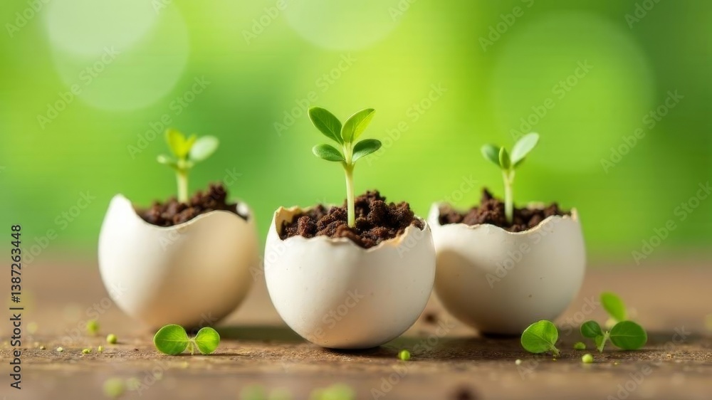 Young green plants growing in eggshell on green background Young green plants growing in eggshell on green background