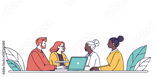 cartoon office scene, people with laptops, team meeting illustration, coworking space, workplace vector, office teamwork, digital work, remote collaboration, laptop cartoon, group discussion, tech tea