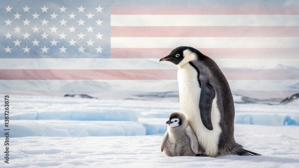 Obraz premium Penguins Tariffs USA 2025 Two penguins stand on ice with an American flag backdrop, symbolizing patriotism and wildlife.
