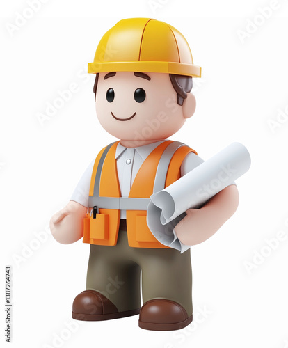 3D Building Construction Worker Character Holding Blueprint with Safety Helmet and Vest