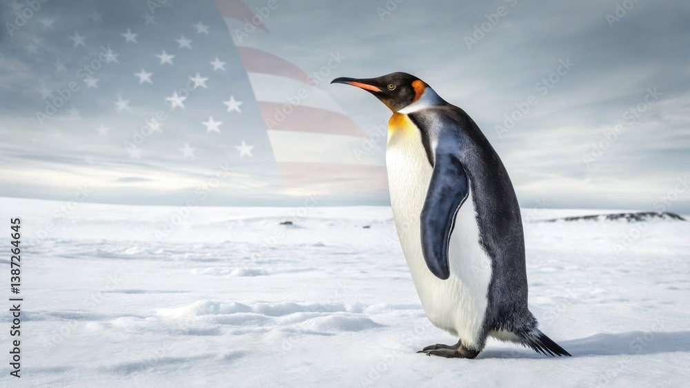 Obraz premium Penguins Tariffs USA 2025 A penguin stands on snow with a faded American flag in the background.