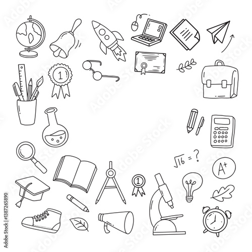 Back to school doodle elements. Vector illustration in line with copy space area