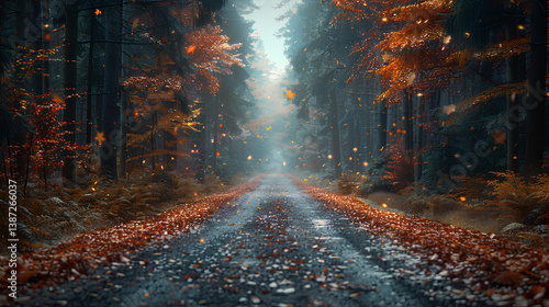 Foggy road, in the middle of the forest