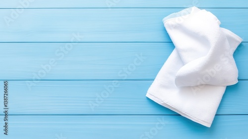 Soft White Towel Folded on Light Blue Wooden Table for Spa or Bathroom Use and Relaxation Setting