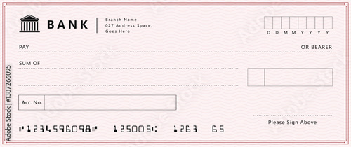 Blank money cheque. Bank check. Red Check book template with pattern and empty fields. Currency payment coupon, US dollar check background.