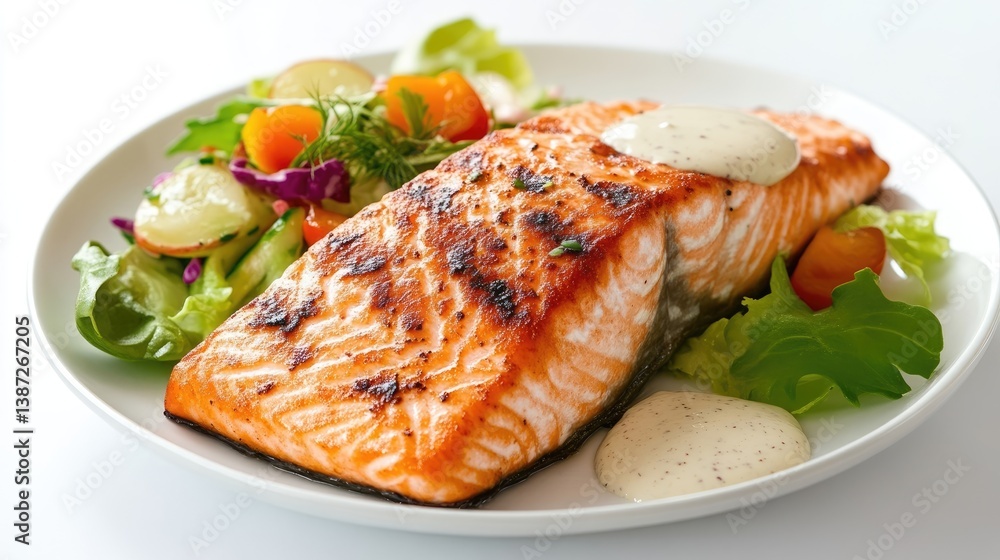 Grilled Salmon with Salad. A flavorful grilled salmon fillet sits atop a bed of fresh mixed greens and vegetables. A light vinaigrette dressing complements the dish Grilled Salmon with Salad. A flavorful grilled salmon fillet sits atop a bed of fresh mixed greens and vegetables. A light vinaigrette dressing complements the dish