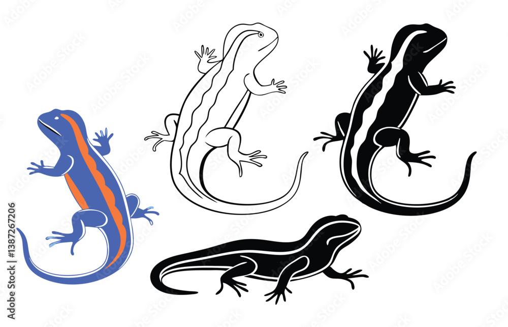 Fototapeta premium Black Lizard Silhouette Vector Set: Stylized Reptile Clipart in Vintage Tattoo and Wildlife Design Style. Adobe Art and Illustrator.