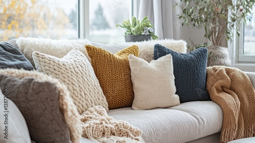 A comfortable living room sofa with several decorative pillows