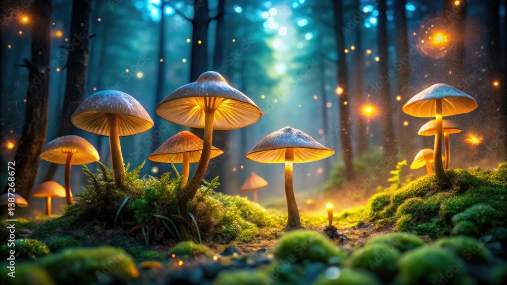 Fototapeta premium Firefly magic illuminates a fairytale forest, glowing mushrooms casting an enchanting spell.