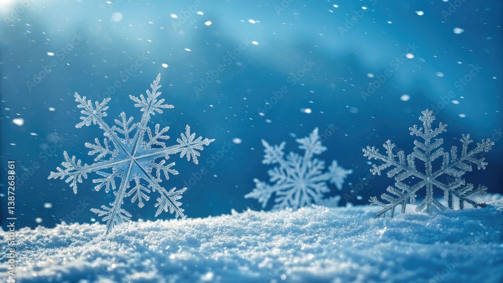 Frozen beauty: a stunning snowscape of falling snowflakes against a vibrant blue winter sky. Frozen beauty: a stunning snowscape of falling snowflakes against a vibrant blue winter sky.