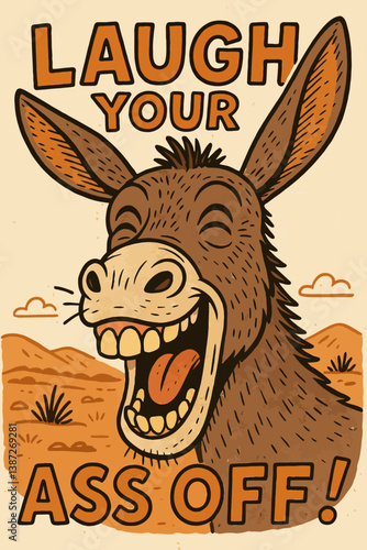 Cartoon Donkey Laughing with Open Mouth and Desert Landscape Background