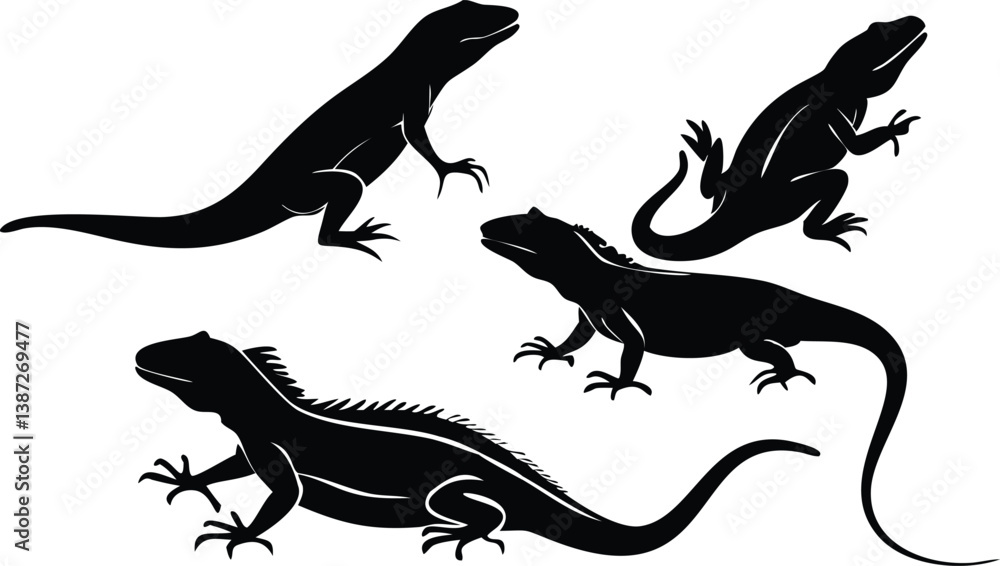 Obraz premium Black Lizard Silhouette Vector Set: Stylized Reptile Clipart in Vintage Tattoo and Wildlife Design Style. Adobe Art and Illustrator.
