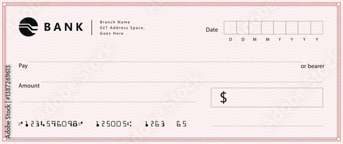 Front-view light pink checkbook check with sections for PAY TO, MEMO, DOLLARS, and security details. Clean, professional design, muted tones, subtle wavy texture. Ideal for financial themes, minimalis