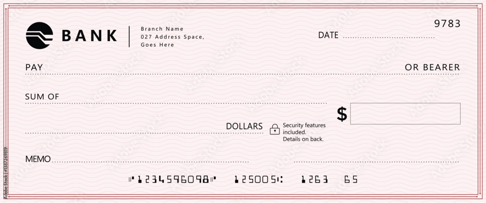 Front-view light pink checkbook check with sections for PAY TO, MEMO, DOLLARS, and security details. Clean, professional design, muted tones, subtle wavy texture. Ideal for financial themes, minimalis Front-view light pink checkbook check with sections for PAY TO, MEMO, DOLLARS, and security details. Clean, professional design, muted tones, subtle wavy texture. Ideal for financial themes, minimalis