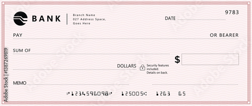Front-view light pink checkbook check with sections for PAY TO, MEMO, DOLLARS, and security details. Clean, professional design, muted tones, subtle wavy texture. Ideal for financial themes, minimalis
