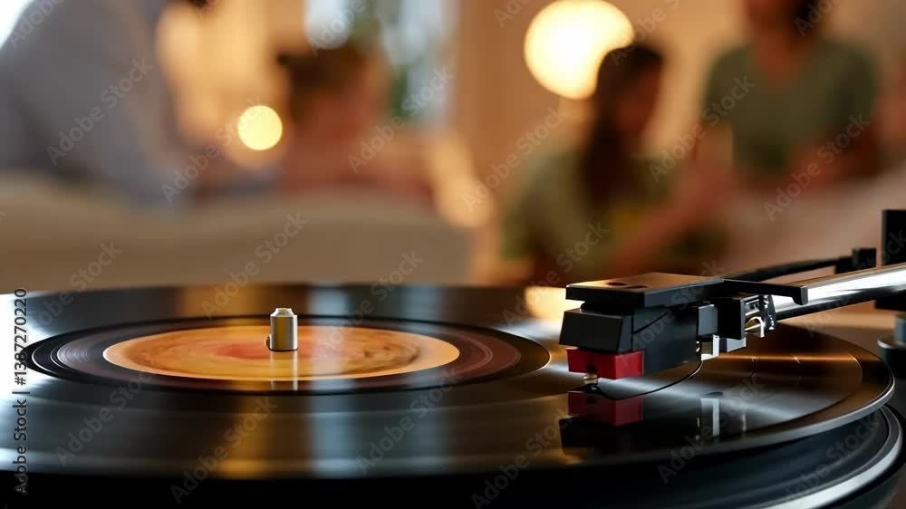 Vinyl record spinning on turntable with blurred background in cozy living room