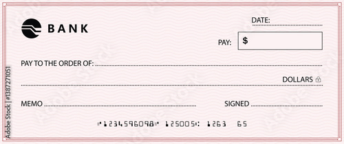 Blank money cheque. Bank check. Red Check book template with pattern and empty fields. Currency payment coupon, US dollar check background.