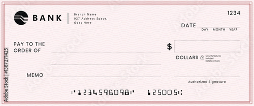 Blank money cheque. Bank check. Red Check book template with pattern and empty fields. Currency payment coupon, US dollar check background.