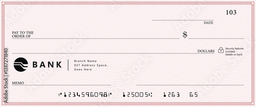 Blank money cheque. Bank check. Red Check book template with pattern and empty fields. Currency payment coupon, US dollar check background.
