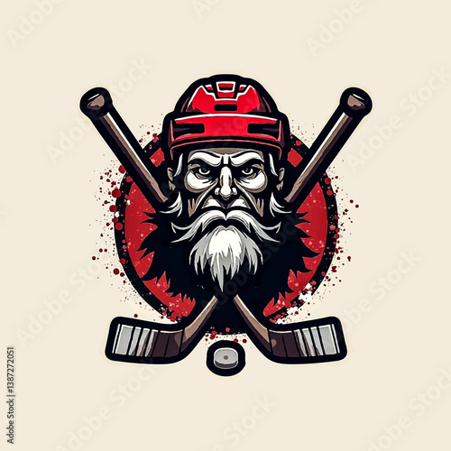 This artwork showcases a fierce bearded hockey player wearing a red helmet, with crossed hockey sticks and a puck below, emphasizing the spirit of the game.