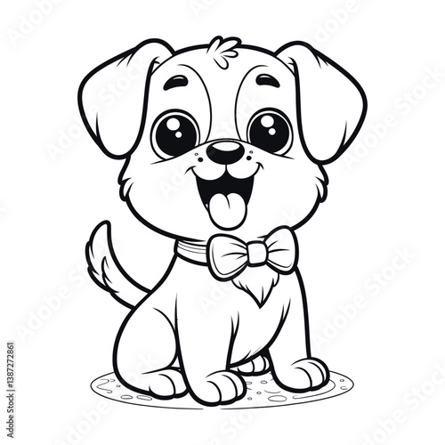 Cute Cartoon Puppy Dog Wearing Bowtie Line Art Illustration