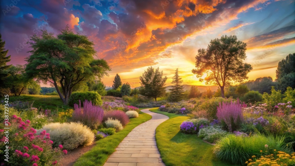 Fototapeta premium Serene Sunset Pathway Through a Vibrant Garden of Blossoming Flowers and Lush Greenery
