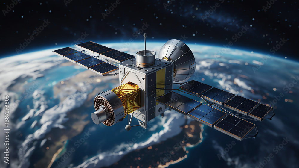 Satellite in Space with Earth for Technology Exploration in Cosmic Universe View with Modern Science Aesthetic and Orbital Design for Space Enthusiasts Seeking Visual Cosmic Beauty Satellite in Space with Earth for Technology Exploration in Cosmic Universe View with Modern Science Aesthetic and Orbital Design for Space Enthusiasts Seeking Visual Cosmic Beauty