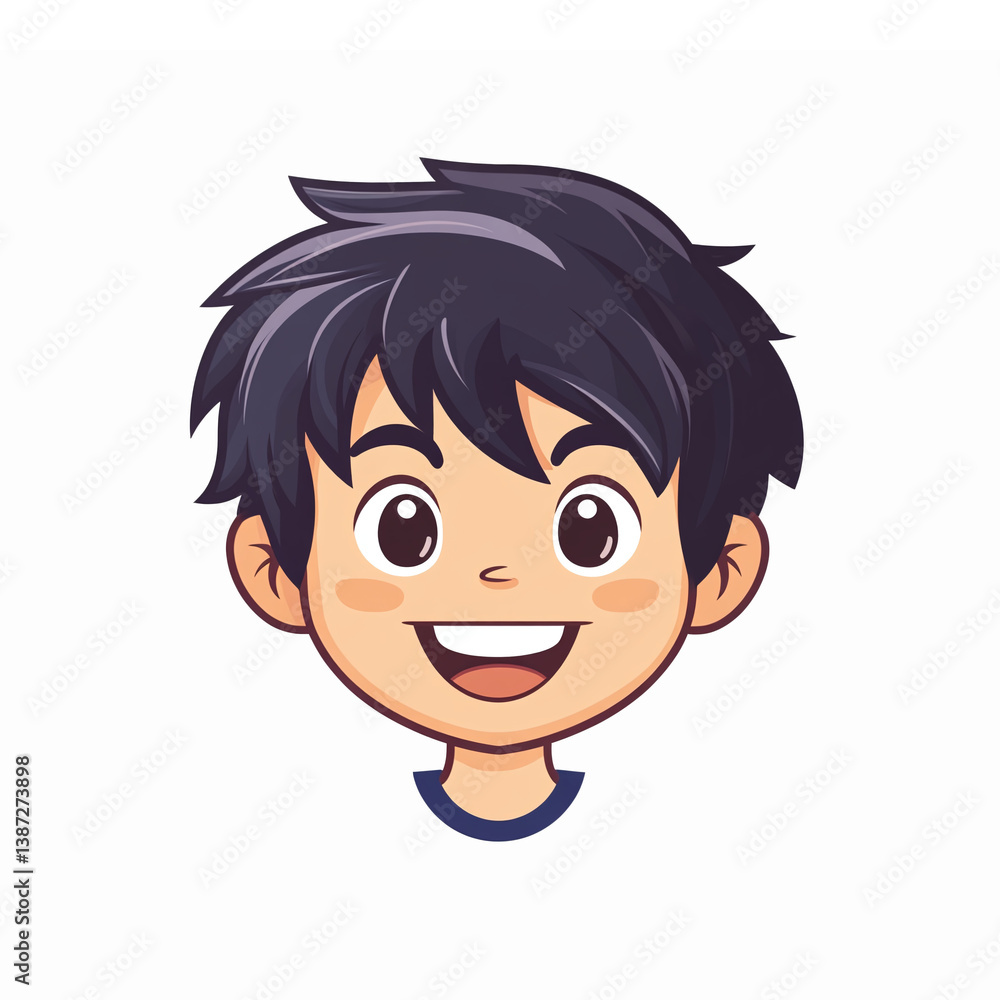 Happy Cartoon Boy Character with Dark Hair Smiling Expression on Transparent Background Happy Cartoon Boy Character with Dark Hair Smiling Expression on Transparent Background