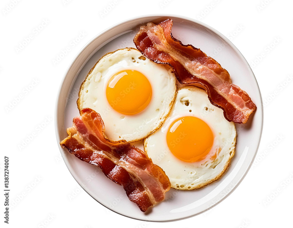 Fried eggs and bacon for breakfast isolated on transparent background, . Top view Fried eggs and bacon for breakfast isolated on transparent background, . Top view