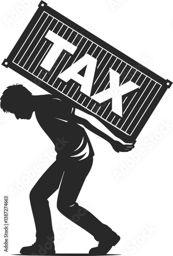 Man carrying heavy tax burden with container labeled tax, import tariffs concept, vector.