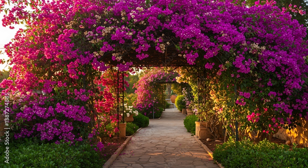 Fototapeta premium Bougainvillea Bliss: A Sun-Drenched Garden Path AI Generated