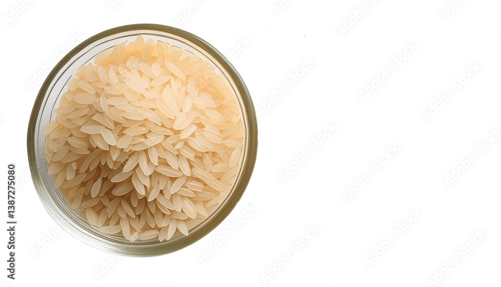 Glass bowl of uncooked dry rice on transparent background top view Glass bowl of uncooked dry rice on transparent background top view